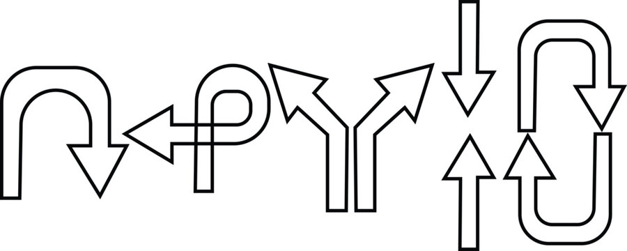 Modern linear arrow collection featuring curved paths, diverging directions, and circular loop indicators for user interface design.