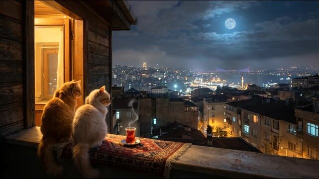 Two cats sitting by a window at night, gazing over a glowing Istanbul cityscape under moonlight, creating a cozy, peaceful, and dreamy urban atmosphere.