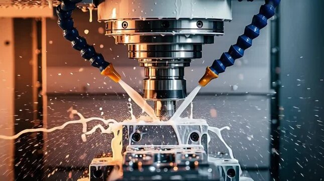 CNC Equipment in Industrial Workshop with Water Spray and Sparks
