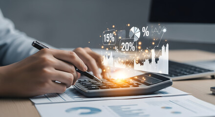 Businessperson analyzing financial data on calculator with digital graphs