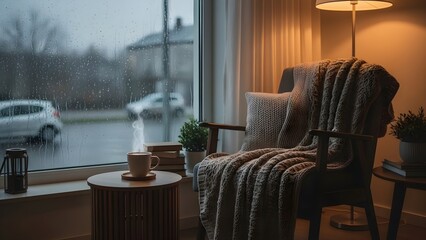 Cozy interior with coffee and rain outside window