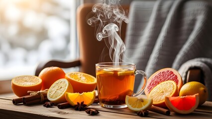 Steaming beverage with fruit slices