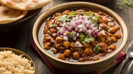 Traditional Chole Masala: Spicy chickpea curry topped with chopped red onion and cilantro for authentic indian dining