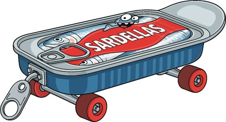 A cartoon illustration of a sardine tin on skateboard wheels with a character peeking out of the can © MDMUKTADIR