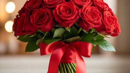 Red roses bouquet with ribbon