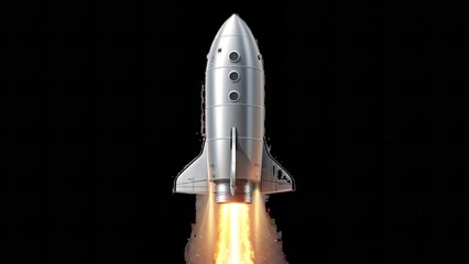 Silver spacecraft launching with bright orange engine thrust upwards