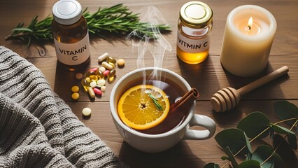 Healthy tea and vitamin supplements on a wooden table