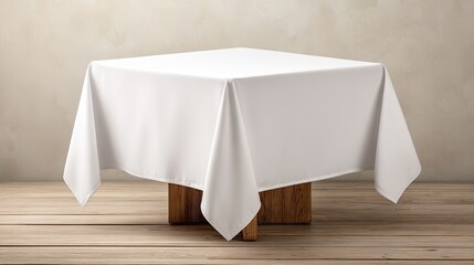 Empty Square White Tablecloth On Wooden Table