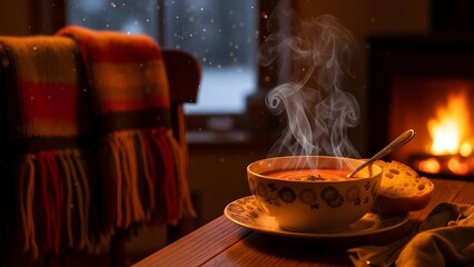 Steaming soup bowl beside fireplace