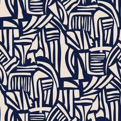 Abstract Tribal Seamless Pattern in Cream and  navy Modern Hand Drawn Background