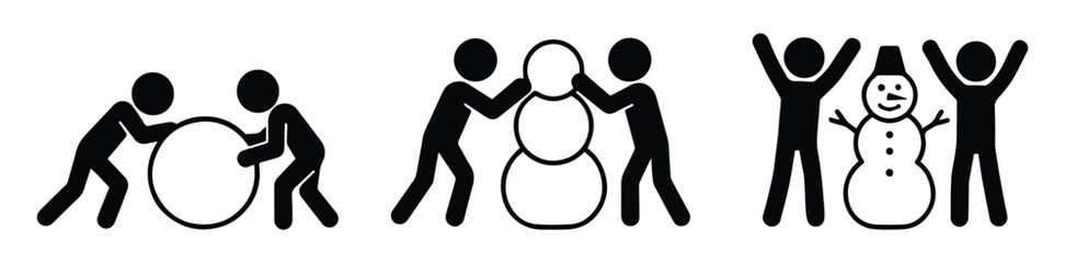 people making a snowman, winter fun, stick figure human silhouette, stickman icon set