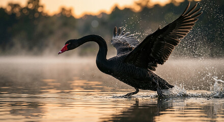 Black swan taking off from the lake water surface with splashes and wings spread at golden hour