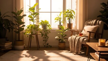 Sunlit interior with plants and a comfortable chair
