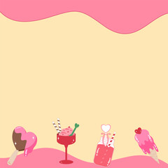 Pink Valentine's Day Note Paper Template with Ice Cream and Sweet Drink