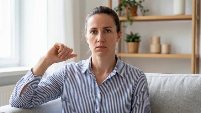 Serious woman pointing at herself representing accountability self reflection responsibility and personal awareness concept.