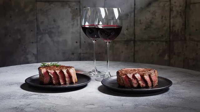 Gourmet sliced filet mignon steak dinner for two on a modern table. Romantic fine dining meal paired with glasses of red wine for a special occasion celebration