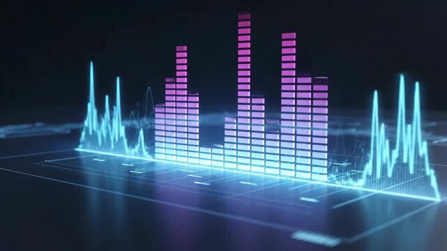 Abstract digital equalizer with glowing lines and bars, representing sound waves and data visualization.
