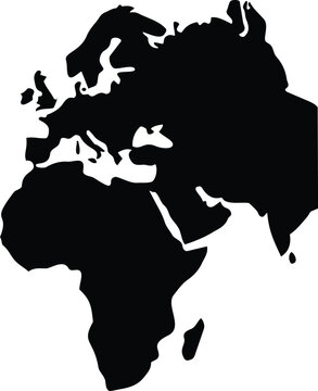 Minimalist black silhouette map showing the continents of europe, africa, and asia