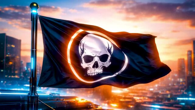 Cyber Threat Flag with Skull Emblem Flying Over Digital Cityscape Highlighting Online Security Risks and Modern Cybercrime Awareness