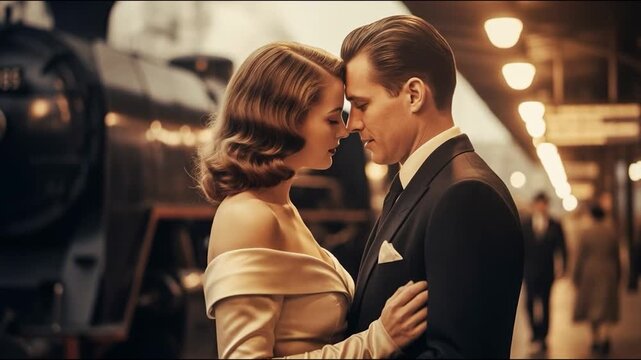 Romantic couple embracing at vintage train station, sharing an intimate farewell moment, symbolizing love, nostalgia, and emotional connection in a cinematic historical setting.