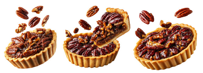 Sweet glazed pecan tart pie with golden crust and caramelized nut topping, isolated on white background, concept of dessert