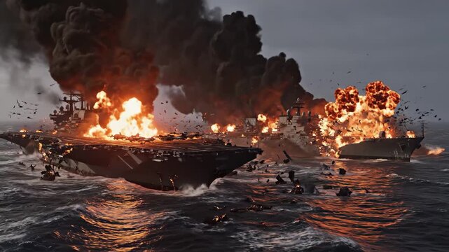 Two Aircraft Carriers Exploding in the Ocean During Daytime with Dark Smoke and Fire