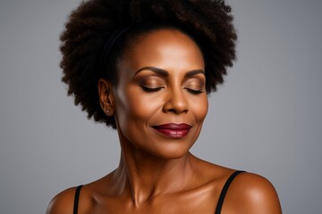 Portrait of middle aged afro american woman of 40s with closed eyes