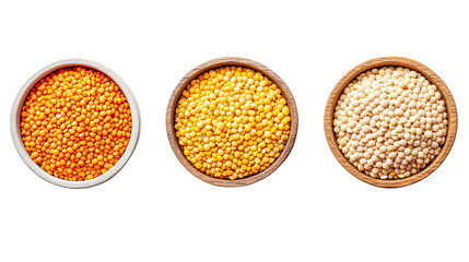Three bowls of different grains on transparent background