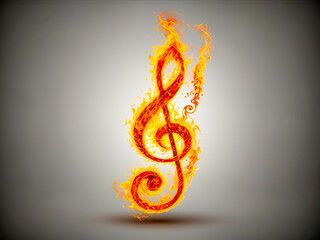 Treble Clef in flame and fire on grey solid background