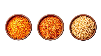 Three bowls of grains on transparent background