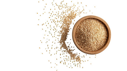 Wooden bowl with spilled seeds on transparent background