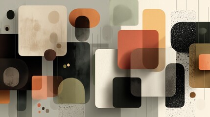 A captivating abstract pattern showcases an array of overlapping rounded rectangles and circles with a rustic, grainy texture in earthy, contrasting colors.