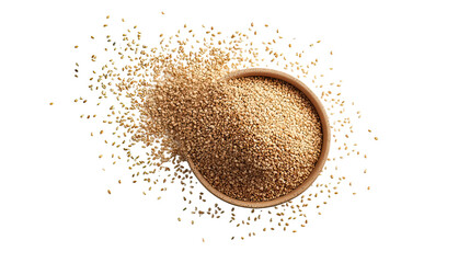 Top view of spilled sesame seeds on white background