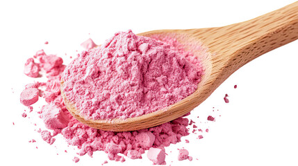 Wooden spoon with pink powder isolated on transparent background