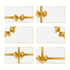 Gift card templates with realistic gold ribbons and bows. Perfect for gift certificates, event invitations, holiday greetings, and luxury corporate identity. Vector illustration