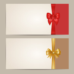 Gift card templates with realistic gold and red ribbons and bows. Perfect for gift certificates, event invitations, holiday greetings, and luxury corporate identity. 