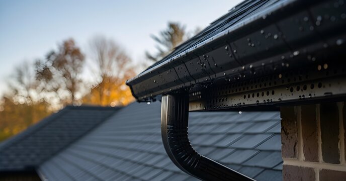 Gutter System on House Roof During Rainy Weather with Water Droplets Clinging - Powered by Adobe