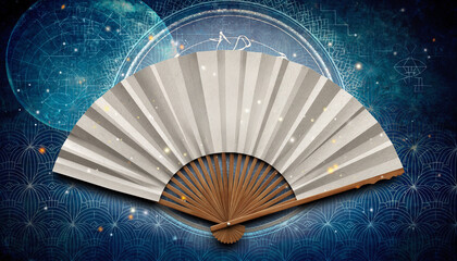 白い和風扇子と宇宙的幾何背景：Japanese Fan with Abstract Cosmic Geometry
