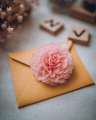 Pink Carnation On Yellow Envelope