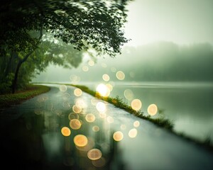 Misty Path Through Park Leads To Lake At Sunrise