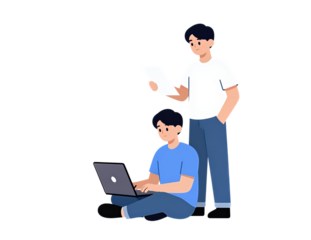 Two young men using tablet and laptop