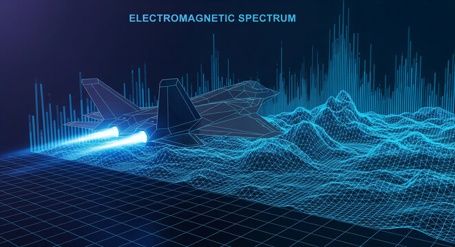 Stealth fighter jet navigating through electromagnetic spectrum waves