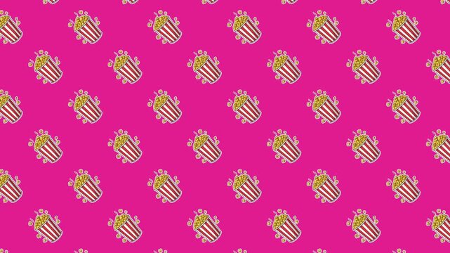A vibrant and energetic motion graphics background featuring a seamless pattern of hand-drawn popcorn buckets. The red and white striped containers tilt and bounce in a playful, rhythmic dance against