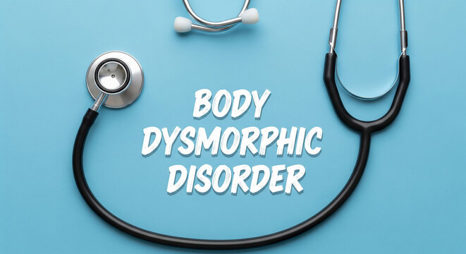 Stethoscope and body dysmorphic disorder text on blue background