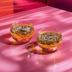 Elegant Transparent Teacups On Pink Background