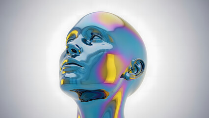 Futuristic Chrome Human Head 3D Render on Minimal Background. A futuristic 3D render of a human head made of reflective chrome material, facing upward against a clean minimalist background