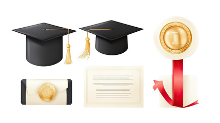 Graduation cap, diploma, and medal set