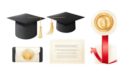 Graduation cap, diploma, and medal set