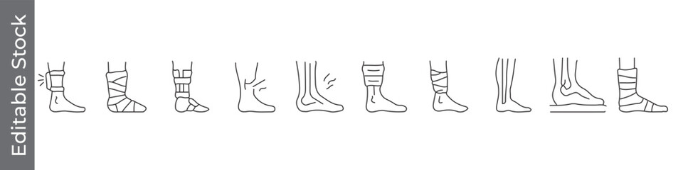 Fototapeta premium Ankle and foot injury icon set – editable outline symbols of sprain, swelling, bandage, pain and medical care