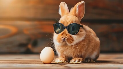 Cute bunny with sunglasses and egg on wooden table in sunlight